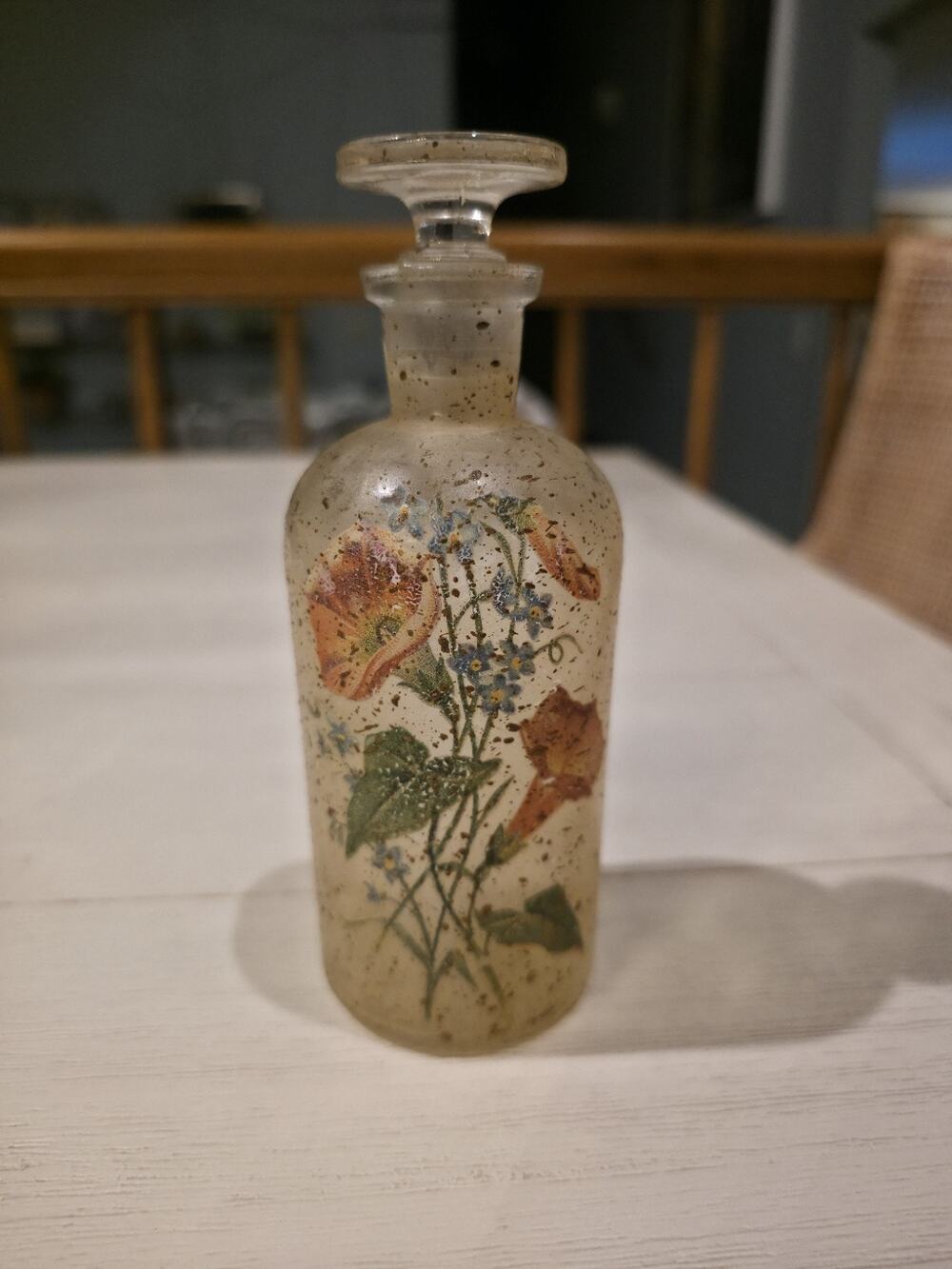 Vintage USA Floral Glass Apothecary Perfume Bottle w Stopper Speckled Vanity